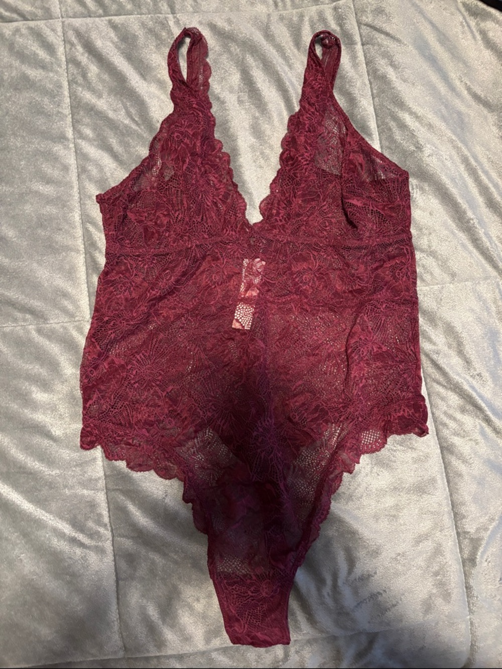 Victoria’s Secret Lace Plunge One-Piece Bodysuit in Burgundy XL